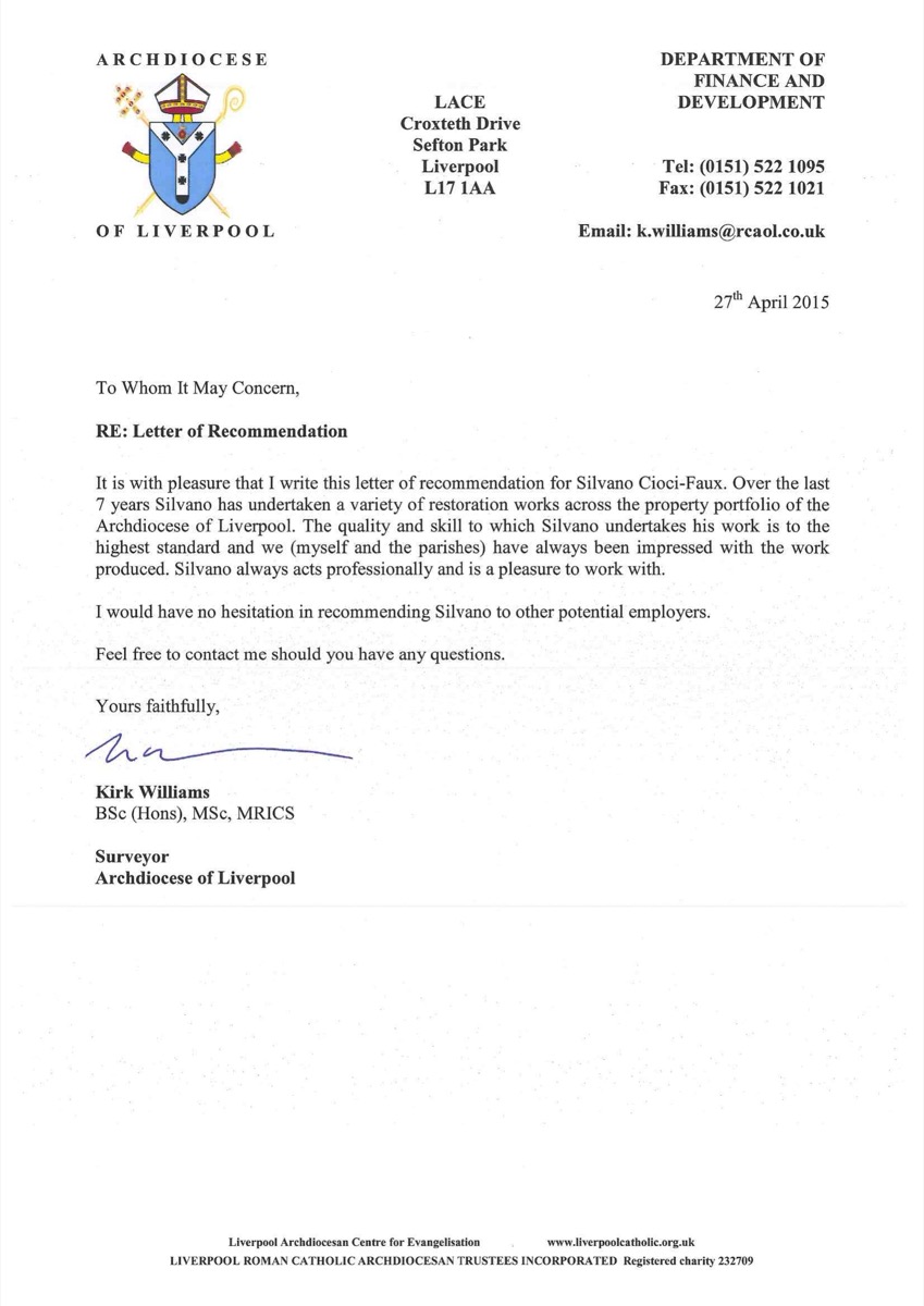 Signed 2015 letter of recommendation for Silvano Cioci-Faux from the Archdiocese of Liverpool