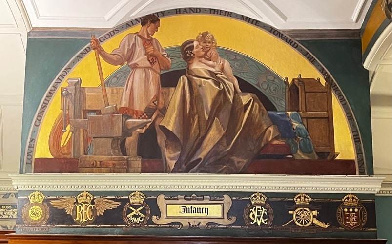 Infancy marouflage mural in the Hall of Remembrance, Liverpool Town Hall