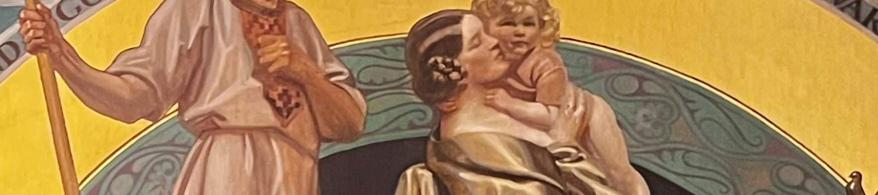 Wide view of marouflage murals in the Hall of Remembrance, Liverpool Town Hall