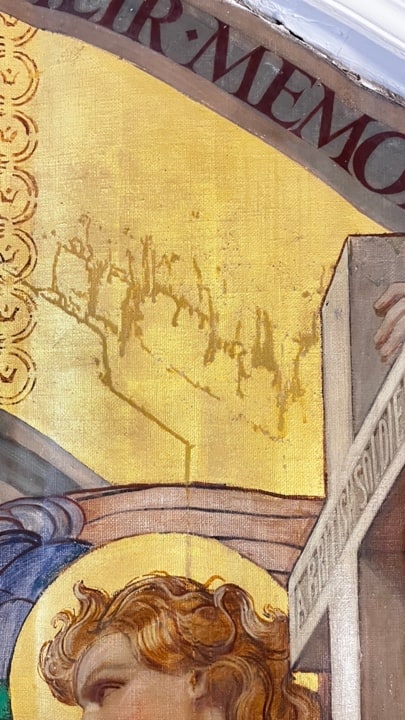 Gilded lettering detail on marouflage mural