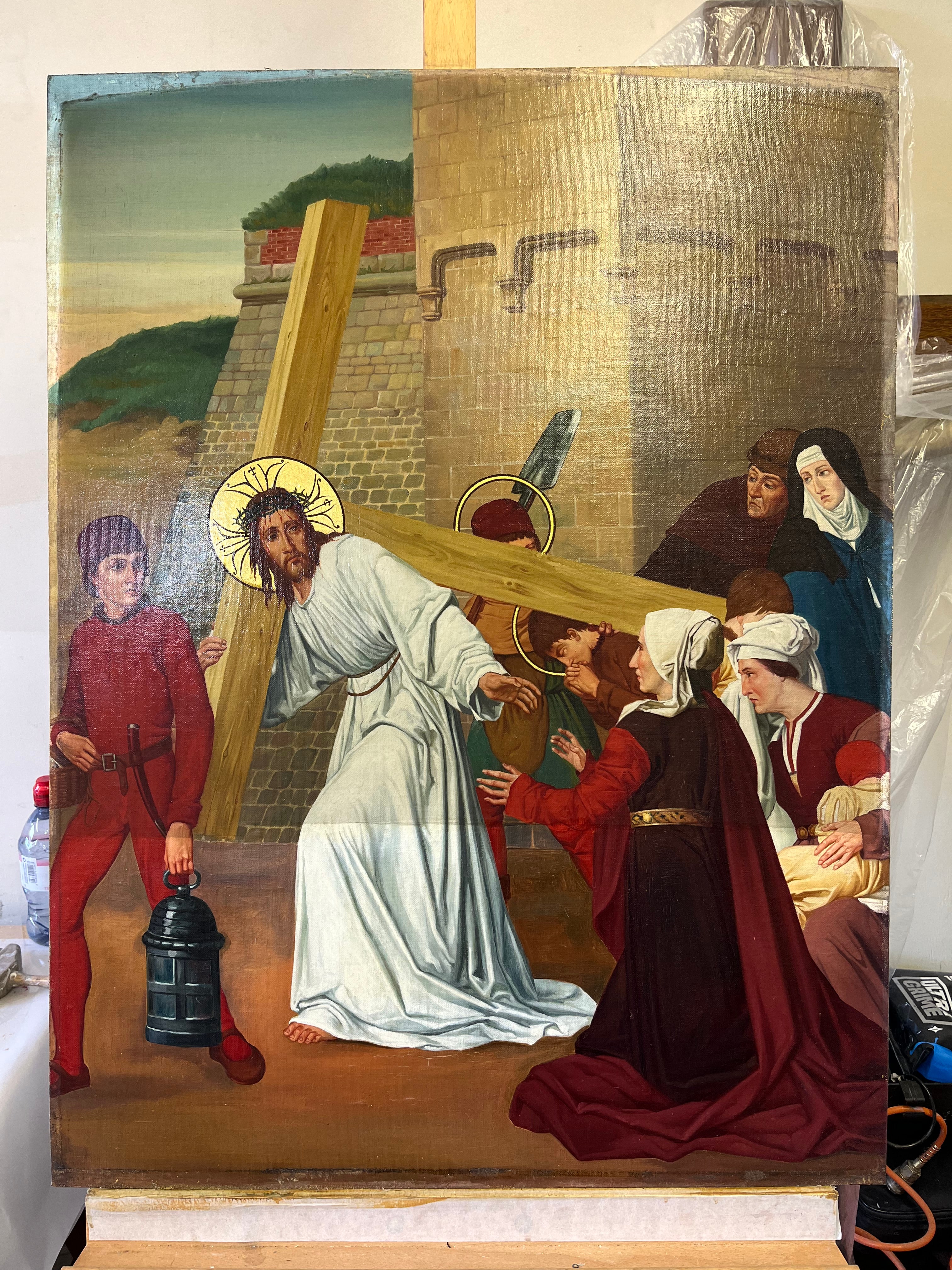Varnish removal in progress on Christ Carrying the Cross panel painting