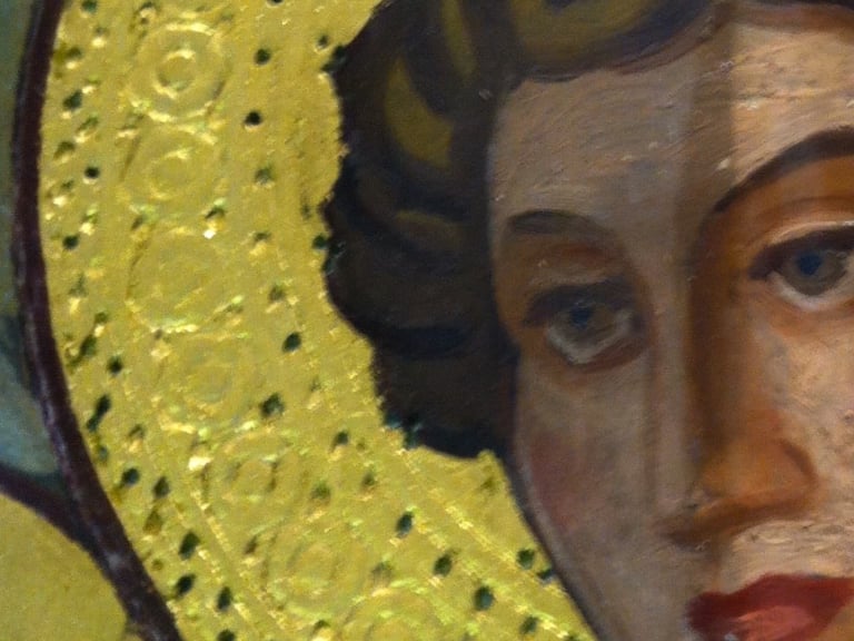 Oil painting on wood panel after cleaning and retouching