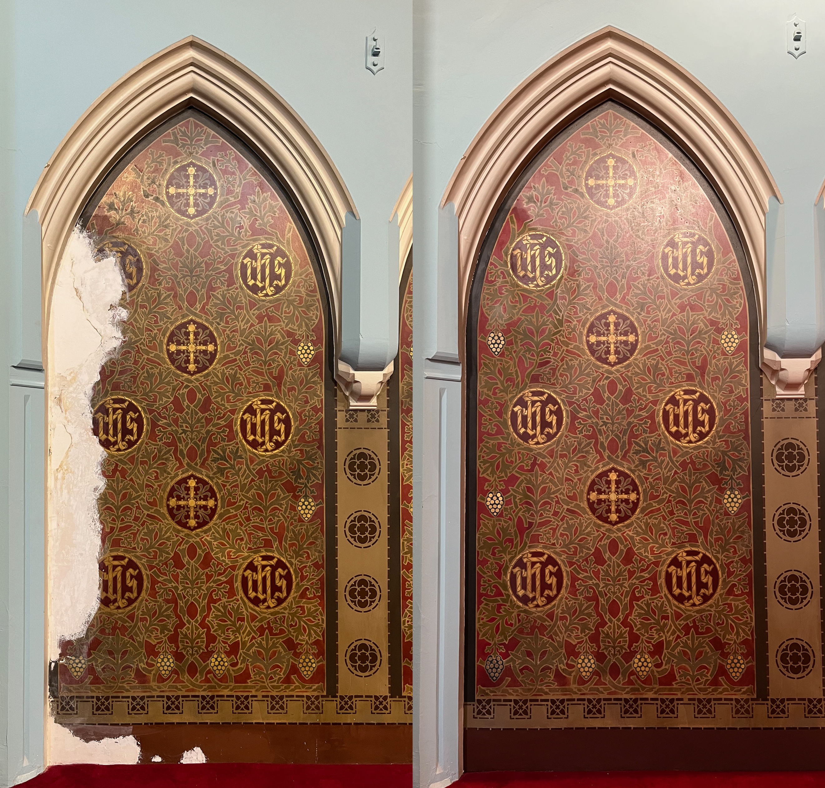 Side by side view of the Gothic arch stencil scheme at St Francis de Sales Church before and after plaster repair and stencil reinstatement