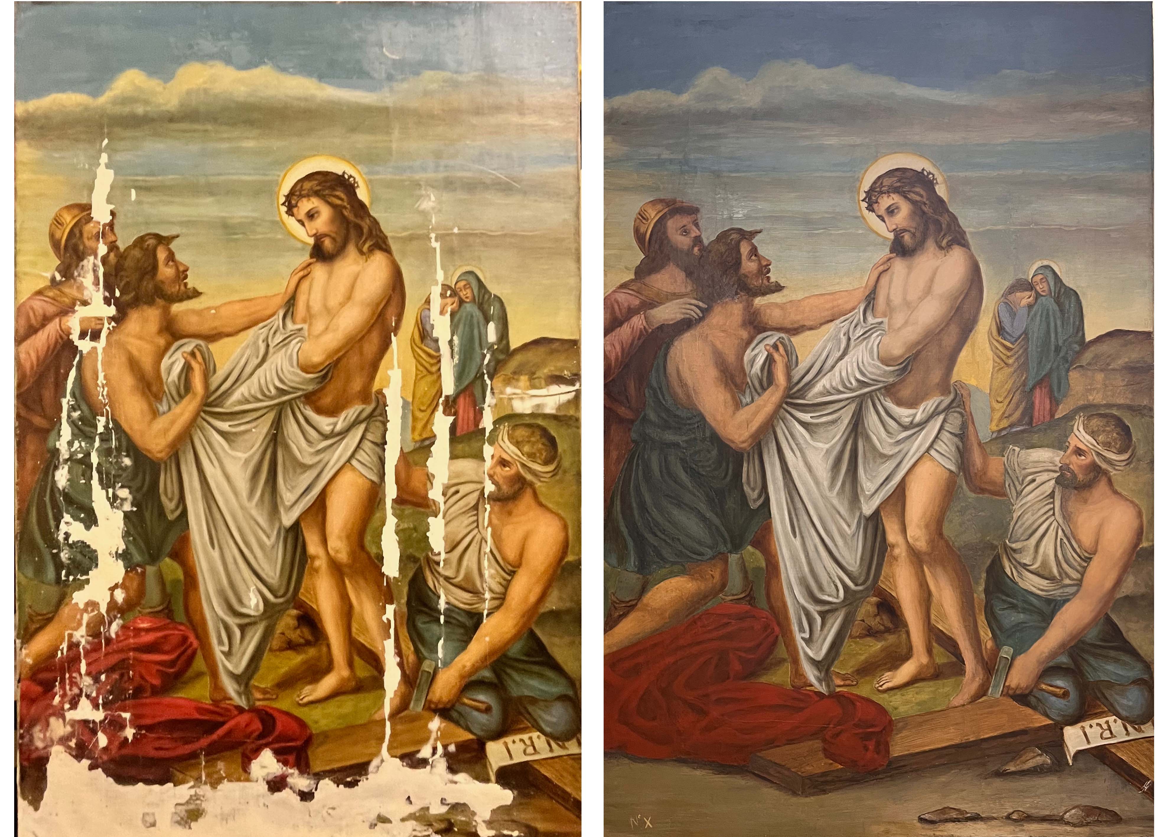 Water damaged oil paintings before and after