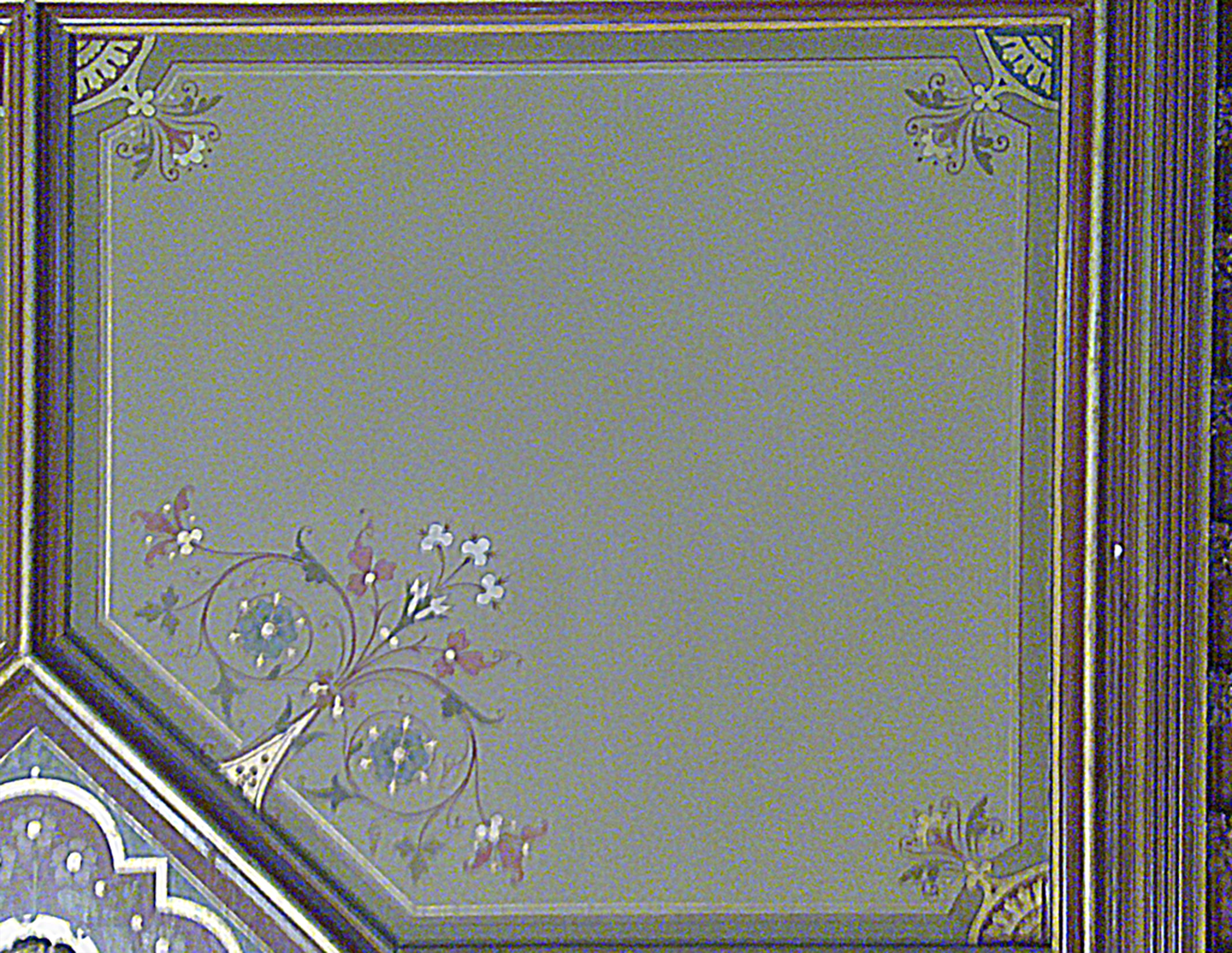 Conserved domino stencilled wall panel at Werneth Hall, Oldham