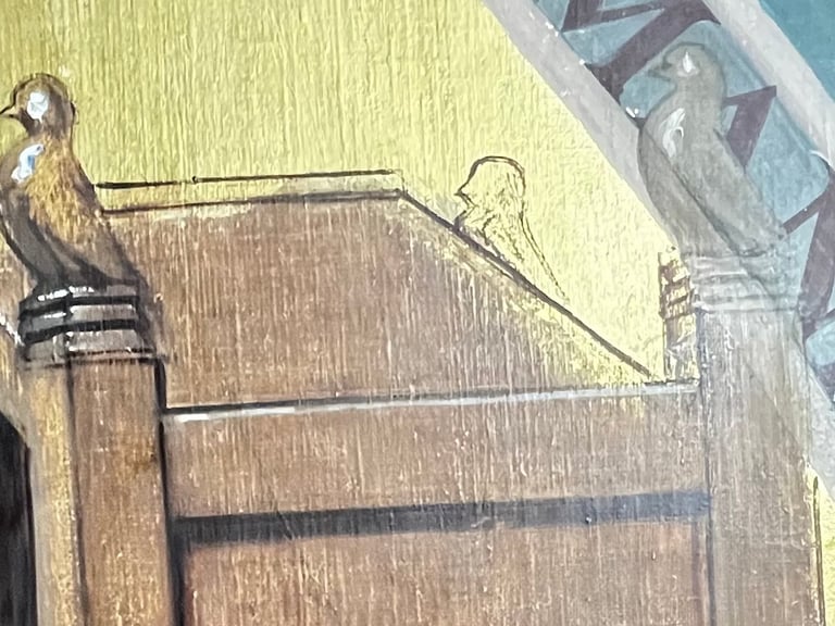 Cleaning progress on bird finials, oil painting on wood panel