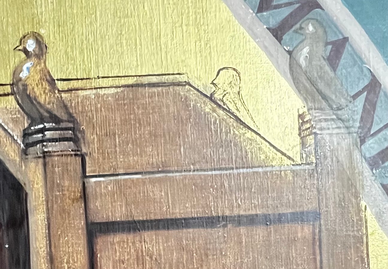 Cleaning progress on bird finials, oil painting on wood panel