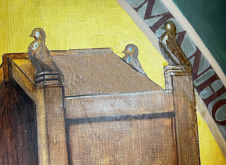 Bird finial detail with gold ground on an oil painting wood panel