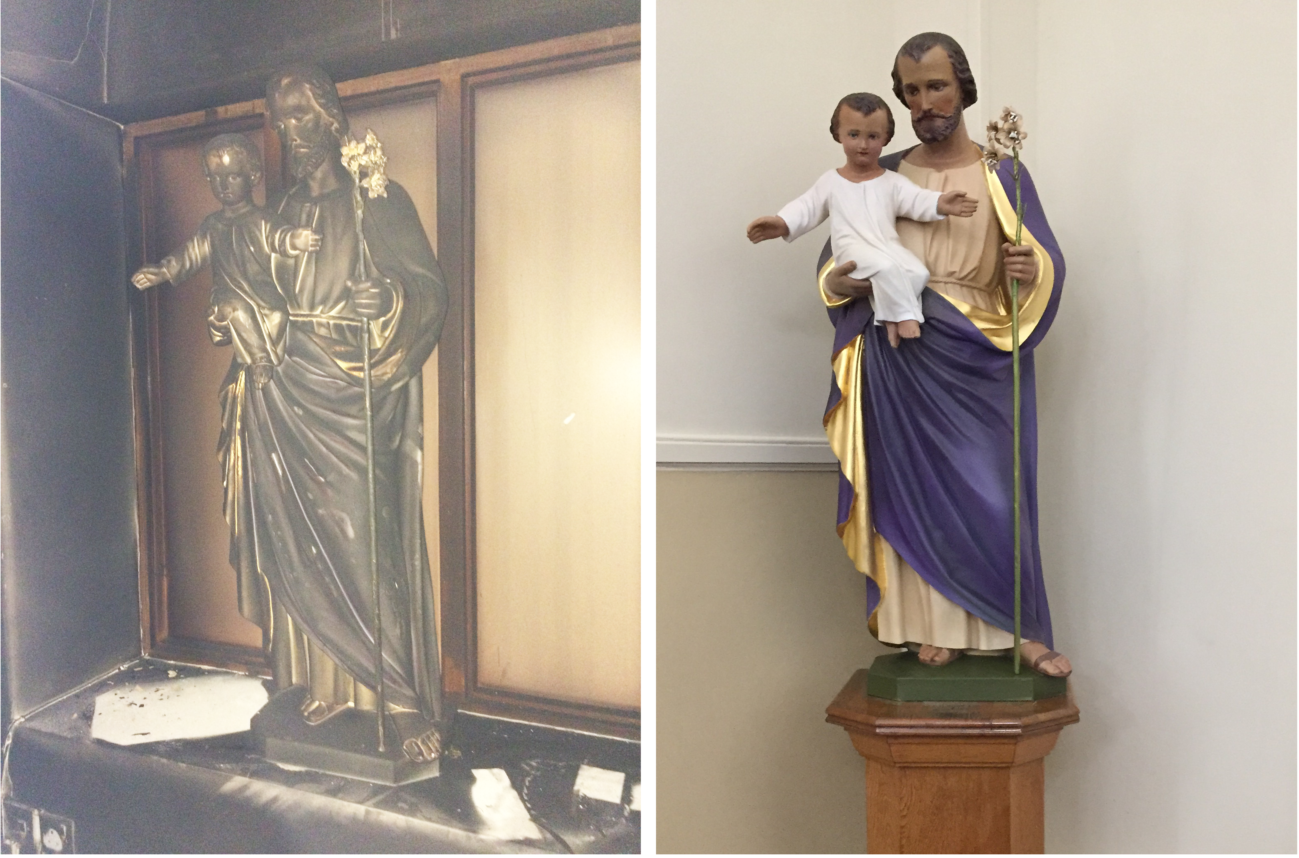 Wooden statue restored after fire damage